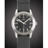 A RARE GENTLEMAN'S STAINLESS STEEL BRITISH MILITARY ROYAL NAVY LEMANIA WRIST WATCH DATED 1965,