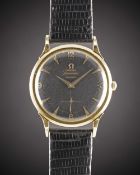 A GENTLEMAN'S 18K SOLID GOLD OMEGA SEAMASTER AUTOMATIC WRIST WATCH CIRCA 1952, WITH RARE BLACK "