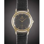 A GENTLEMAN'S 18K SOLID GOLD OMEGA SEAMASTER AUTOMATIC WRIST WATCH CIRCA 1952, WITH RARE BLACK "