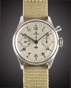 A GENTLEMAN'S STAINLESS STEEL BRITISH MILITARY LEMANIA SINGLE BUTTON ROYAL NAVY CHRONOGRAPH WRIST