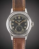 A GENTLEMAN'S STAINLESS STEEL BRITISH MILITARY LONGINES W.W.W. WRIST WATCH CIRCA 1945, PART OF