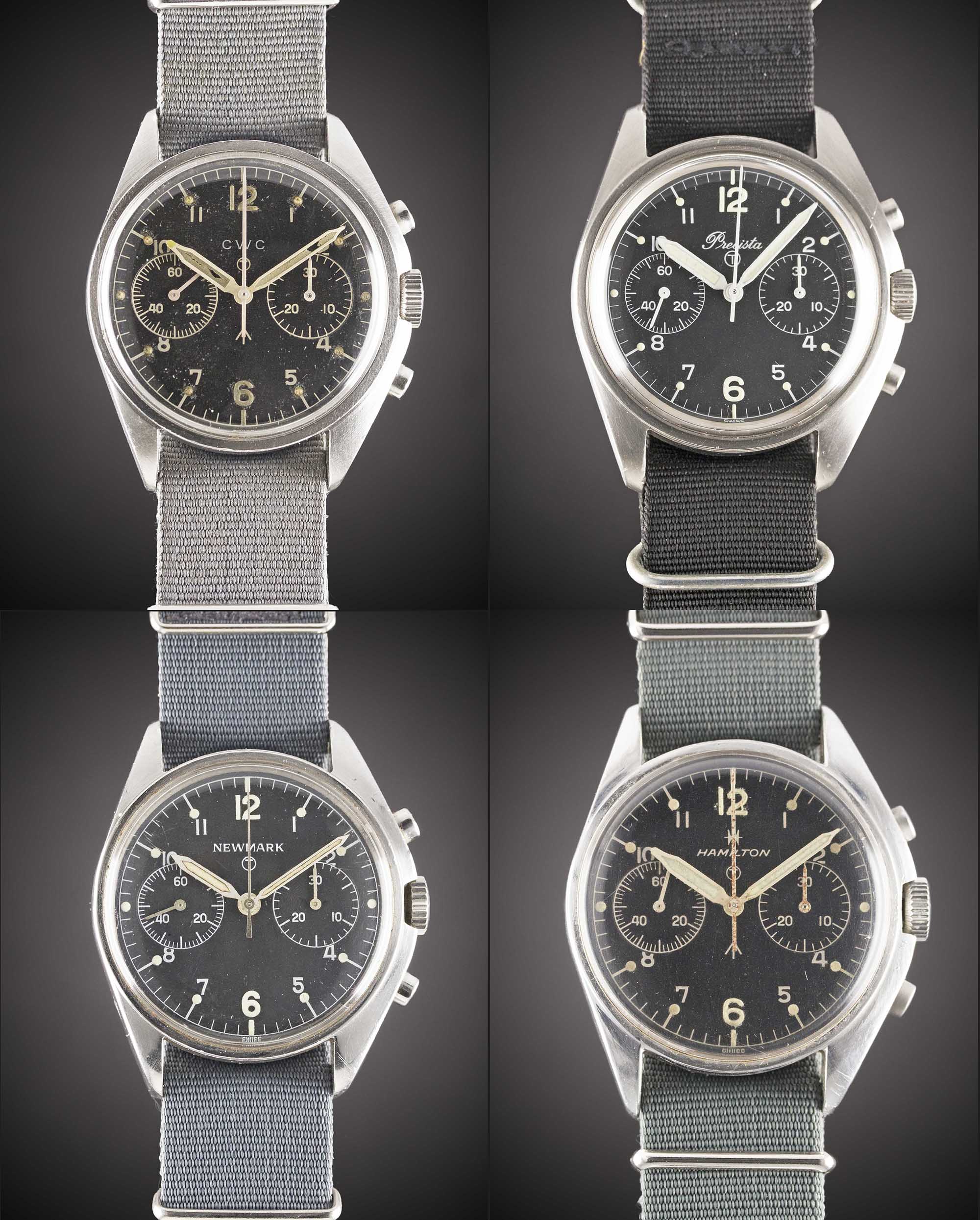 A COMPLETE SET OF GENTLEMAN'S STAINLESS STEEL BRITISH MILITARY "FAB FOUR" RAF PILOTS CHRONOGRAPH