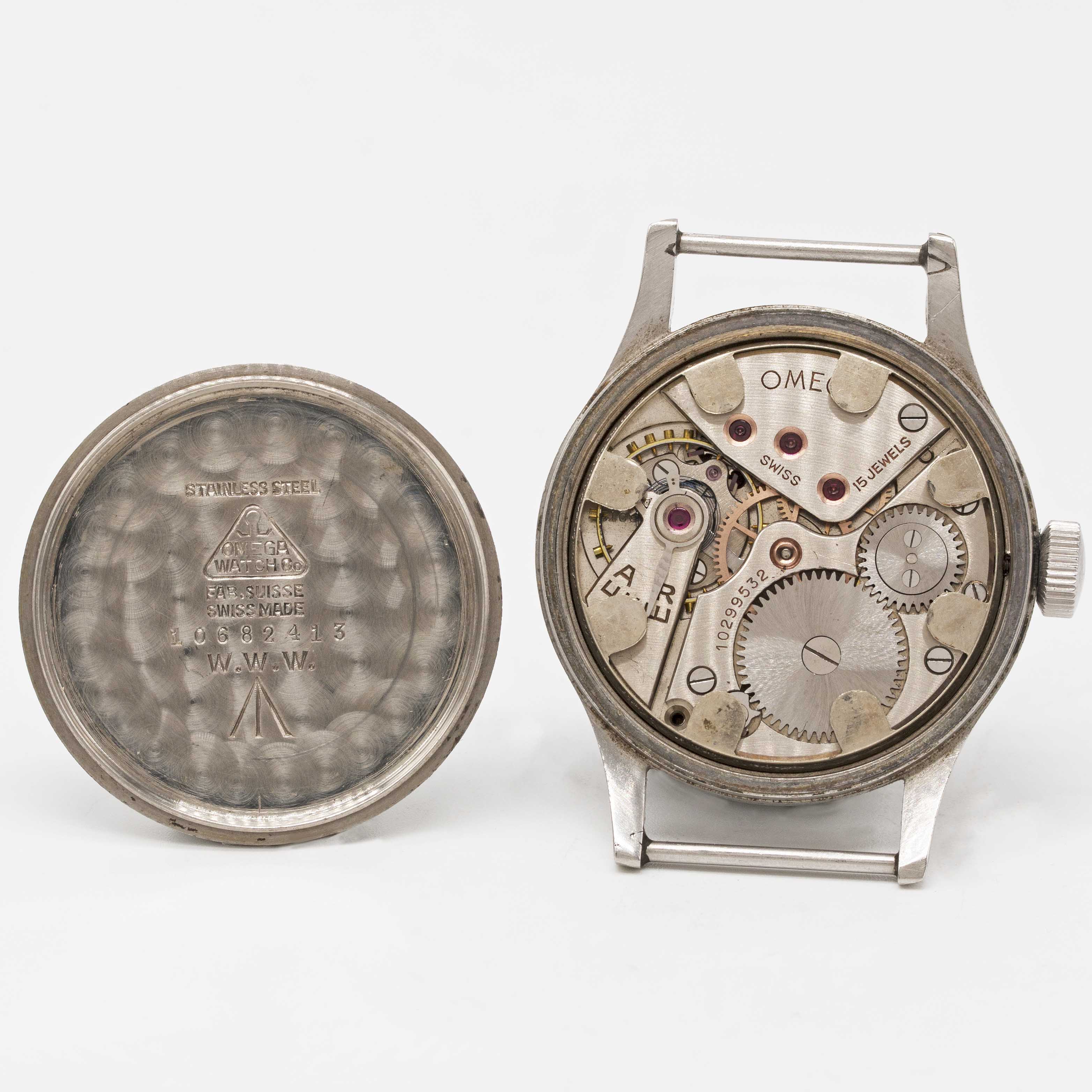 A GENTLEMAN'S STAINLESS STEEL BRITISH MILITARY OMEGA W.W.W. WRIST WATCH CIRCA 1940s, PART OF THE " - Image 4 of 4