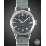 A GENTLEMAN'S STAINLESS STEEL BRITISH MILITARY OMEGA RAF PILOTS WRIST WATCH DATED 1953, REF. 2777-