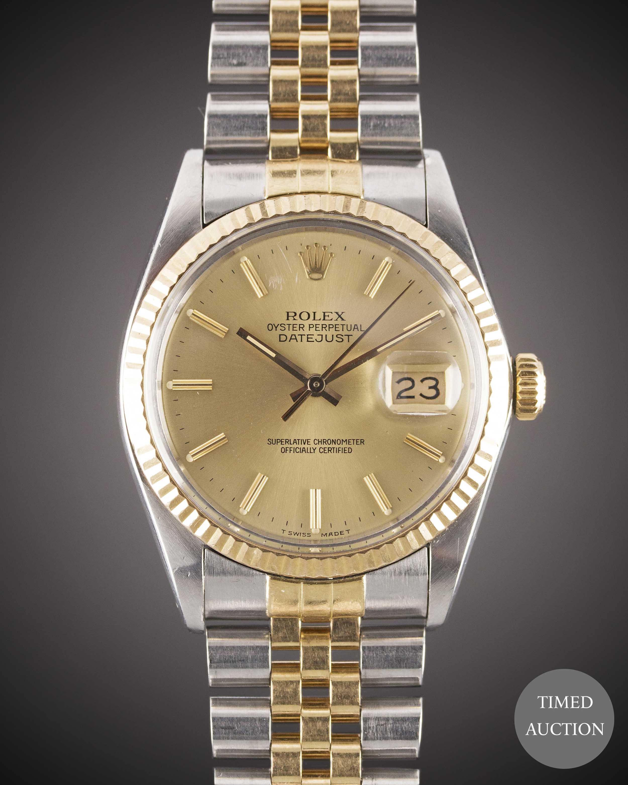 A GENTLEMAN'S STEEL & GOLD ROLEX OYSTER PERPETUAL DATEJUST BRACELET WATCH CIRCA 1985, REF. 16013