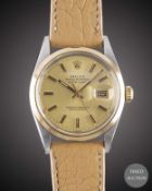 A GENTLEMAN'S STEEL & GOLD ROLEX OYSTER PERPETUAL DATEJUST WRIST WATCH CIRCA 1979, REF. 16003 WITH