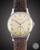A GENTLEMAN'S LARGE SIZE STAINLESS STEEL LONGINES WRIST WATCH CIRCA 1948, REF. 23770 WITH "PINCER"