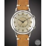 A RARE GENTLEMAN'S STAINLESS STEEL JAEGER LECOULTRE MEMOVOX AUTOMATIC ALARM WRIST WATCH CIRCA 1960,