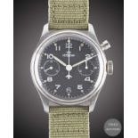 A GENTLEMAN'S STAINLESS STEEL BRITISH MILITARY LEMANIA SINGLE BUTTON ROYAL NAVY CHRONOGRAPH WRIST