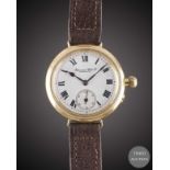 A GENTLEMAN'S 18K SOLID GOLD IWC "BORGEL" OFFICERS WRIST WATCH CIRCA 1912, WITH ENAMEL DIAL