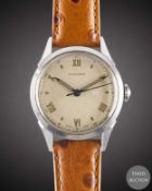 A GENTLEMAN'S STAINLESS STEEL LONGINES WRIST WATCH CIRCA 1951, REF. 6405-1 36 SILVER DIAL WITH