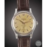 A GENTLEMAN'S LARGE SIZE STAINLESS STEEL LONGINES WRIST WATCH CIRCA 1950, REF. 6119 3 WITH QUARTERLY