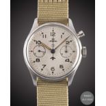 A GENTLEMAN'S STAINLESS STEEL BRITISH MILITARY LEMANIA SINGLE BUTTON ROYAL NAVY CHRONOGRAPH WRIST