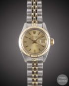 A LADIES STEEL & GOLD ROLEX OYSTER PERPETUAL DATE BRACELET WATCH CIRCA 1980, REF. 6917 WITH