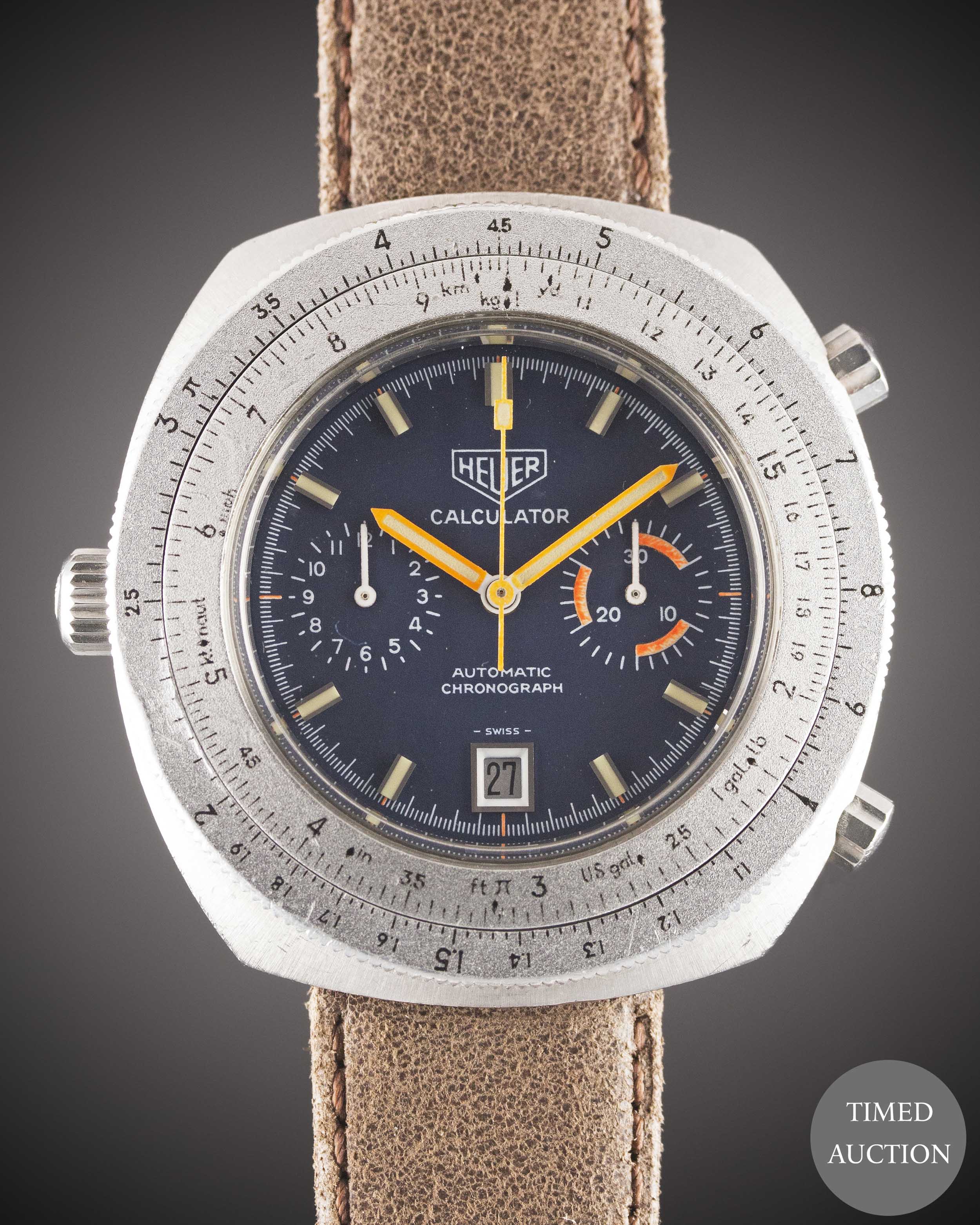 A GENTLEMAN'S STAINLESS STEEL HEUER CALCULATOR AUTOMATIC CHRONOGRAPH WRIST WATCH CIRCA 1970s, REF.