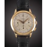 A GENTLEMAN'S LARGE SIZE 18K SOLID ROSE GOLD JAEGER CHRONOGRAPH WRIST WATCH CIRCA 1950s, WITH