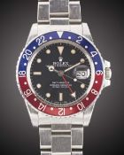 A GENTLEMAN'S STAINLESS STEEL ROLEX OYSTER PERPETUAL DATE GMT MASTER BRACELET WATCH CIRCA 1986, REF.