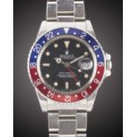 A GENTLEMAN'S STAINLESS STEEL ROLEX OYSTER PERPETUAL DATE GMT MASTER BRACELET WATCH CIRCA 1986, REF.