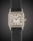 A GENTLEMAN'S SIZE 18K SOLID WHITE GOLD CARTIER SANTOS WRIST WATCH CIRCA 1980s Movement: 17J, manual