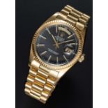 A RARE GENTLEMAN'S 18K SOLID YELLOW GOLD ROLEX OYSTER PERPETUAL DAY DATE PRESIDENT BRACELET WATCH