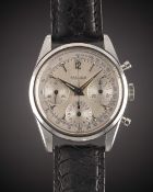 A RARE GENTLEMAN'S STAINLESS STEEL JAEGER CHRONOGRAPH WRIST WATCH CIRCA 1960s, WITH BRUSHED SILVER