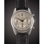 A RARE GENTLEMAN'S STAINLESS STEEL JAEGER CHRONOGRAPH WRIST WATCH CIRCA 1960s, WITH BRUSHED SILVER