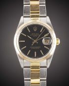 A GENTLEMAN'S STEEL & GOLD ROLEX OYSTER PERPETUAL DATE BRACELET WATCH CIRCA 2001, REF. 15203 WITH