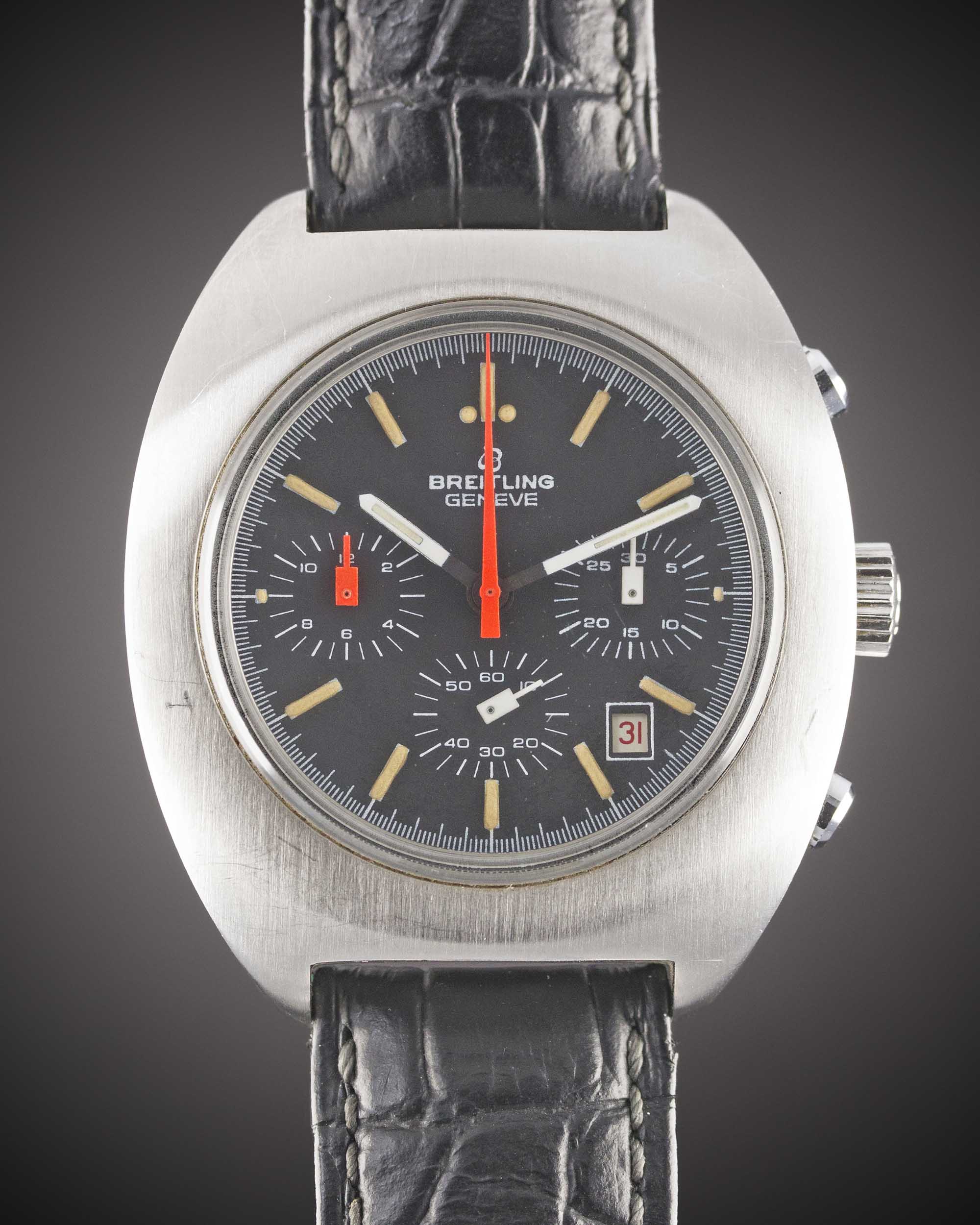 A GENTLEMAN'S STAINLESS STEEL BREITLING GENEVE "LONG PLAYING" CHRONOGRAPH WRIST WATCH CIRCA 1973,