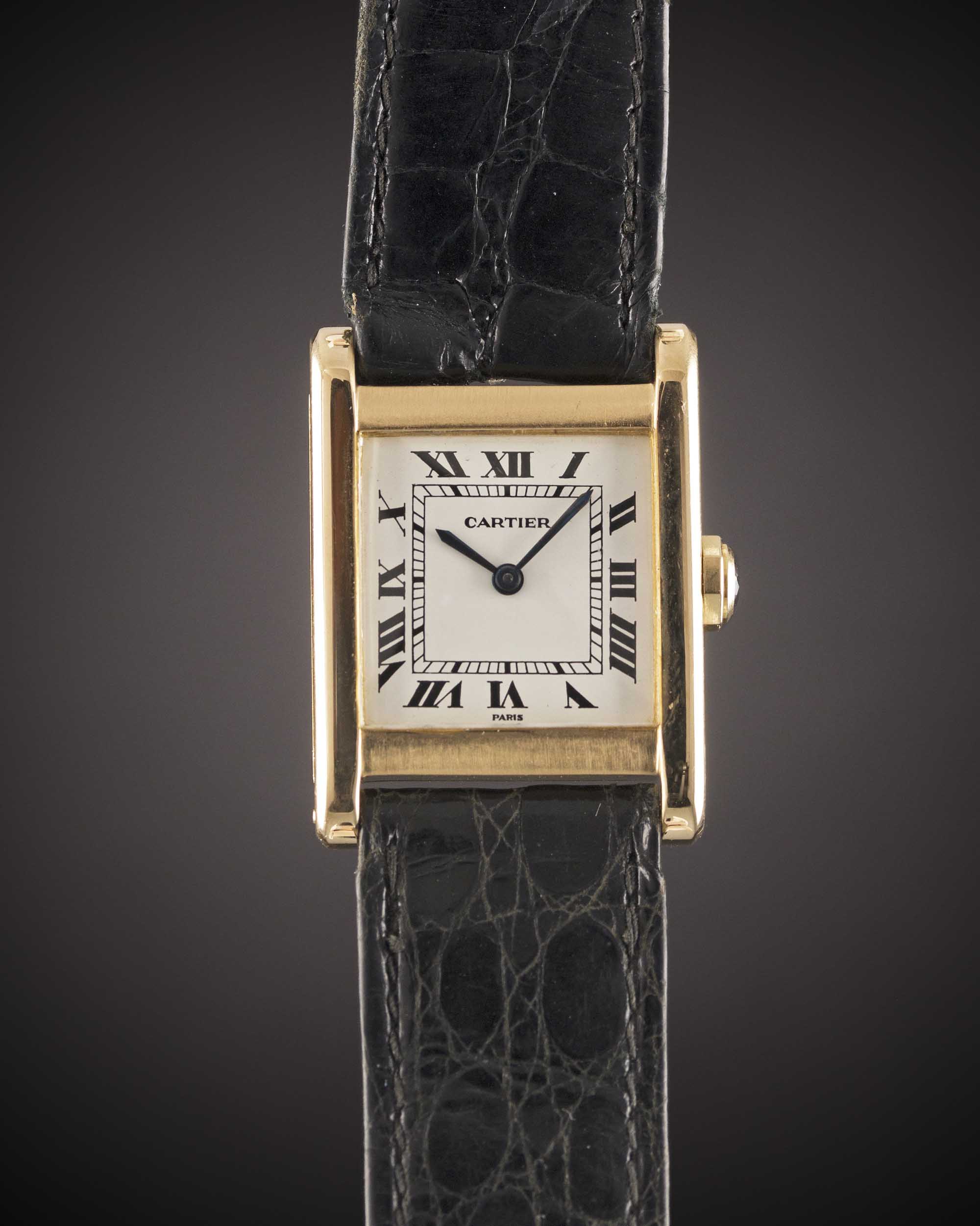 A GENTLEMAN'S SIZE 18K SOLID GOLD CARTIER PARIS TANK NORMALE WRIST WATCH CIRCA 1980s Movement: