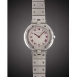 A FINE LADIES PLATINUM CARTIER SANTOS RONDE BRACELET WATCH CIRCA 1990s, GUILLOCHE DIAL WITH RED