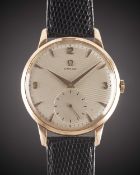 A GENTLEMAN'S OVERSIZE 18K SOLID ROSE GOLD OMEGA WRIST WATCH CIRCA 1954, REF. 2687 HONEYCOMB DIAL