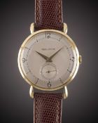 A GENTLEMAN'S 18K SOLID GOLD JAEGER LECOULTRE WRIST WATCH CIRCA 1950s, WITH "TEARDROP" LUGS