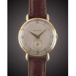 A GENTLEMAN'S 18K SOLID GOLD JAEGER LECOULTRE WRIST WATCH CIRCA 1950s, WITH "TEARDROP" LUGS