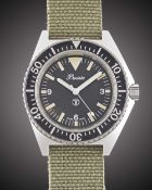 A RARE GENTLEMAN'S STAINLESS STEEL BRITISH MILITARY PRECISTA ROYAL NAVY DIVERS WRIST WATCH DATED