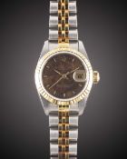 A LADIES STEEL & GOLD ROLEX OYSTER PERPETUAL DATEJUST BRACELET WATCH CIRCA 1994, REF. 69173 WITH