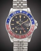 A RARE GENTLEMAN'S STAINLESS STEEL ROLEX OYSTER PERPETUAL GMT MASTER BRACELET WATCH CIRCA 1966, REF.