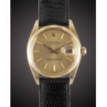 A GENTLEMAN'S 14K SOLID YELLOW GOLD ROLEX OYSTER PERPETUAL DATE WRIST WATCH CIRCA 1978, REF. 1503