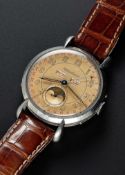 A RARE GENTLEMAN'S LARGE SIZE STAINLESS STEEL JAEGER LECOULTRE TRIPLE CALENDAR MOONPHASE WRIST WATCH