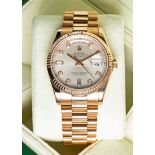 A FINE GENTLEMAN'S SIZE 18K SOLID ROSE GOLD ROLEX OYSTER PERPETUAL DAY DATE PRESIDENT BRACELET WATCH