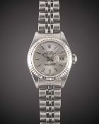 A LADIES STEEL & WHITE GOLD ROLEX OYSTER PERPETUAL DATEJUST BRACELET WATCH DATED 2004, REF. 79174