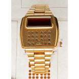 A RARE GENTLEMAN'S 18K SOLID YELLOW GOLD PULSAR TIME COMPUTER CALCULATOR LED BRACELET WATCH DATED