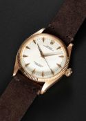 A RARE GENTLEMAN'S 18K SOLID ROSE GOLD ROLEX OYSTER PERPETUAL WRIST WATCH CIRCA 1955, REF. 6567