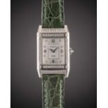 A FINE LADIES 18K SOLID WHITE GOLD & DIAMOND JAEGER LECOULTRE REVERSO WRIST WATCH DATED 1999, REF.