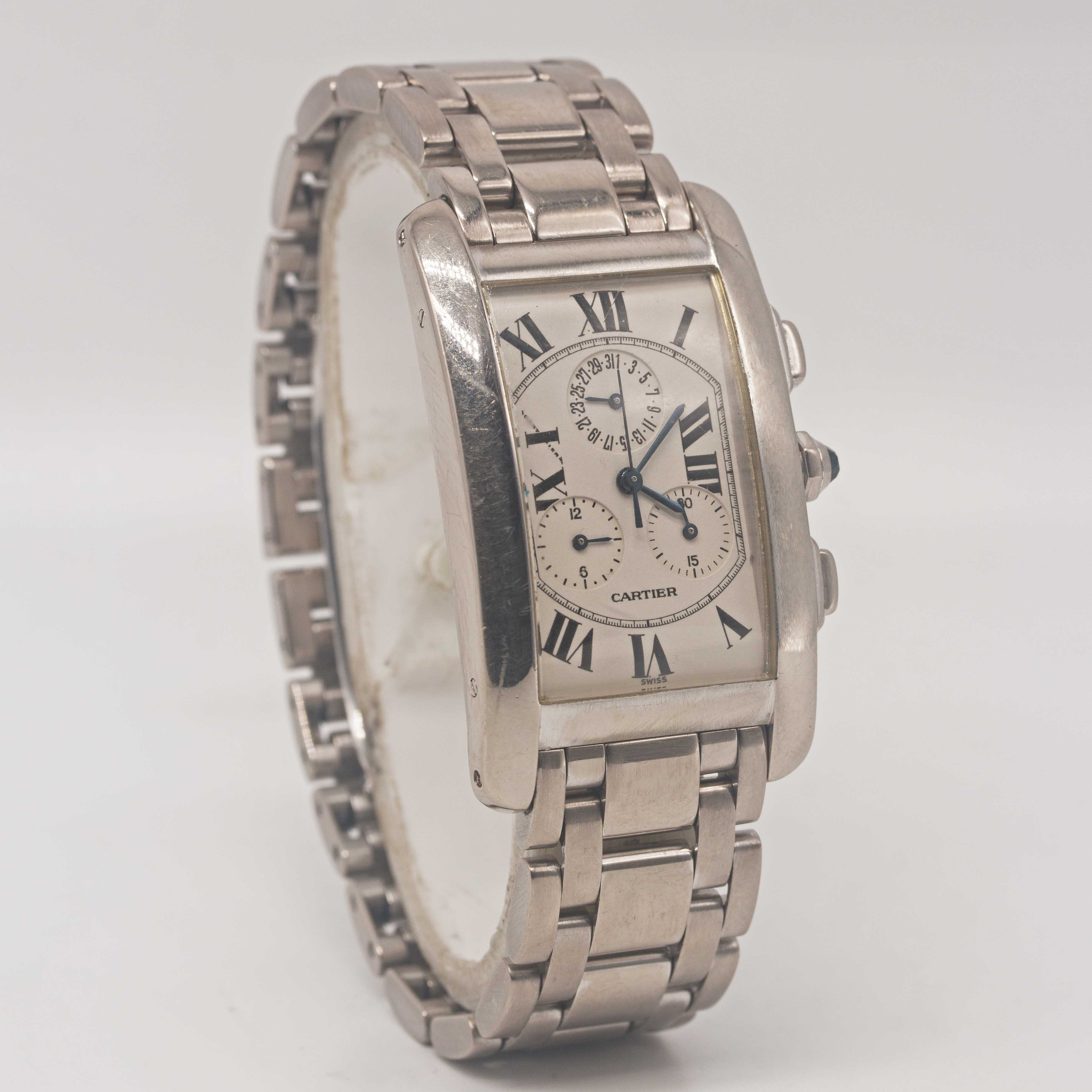 A GENTLEMAN'S 18K SOLID WHITE GOLD CARTIER TANK AMERICAINE CHRONOGRAPH BRACELET WATCH CIRCA 2000, - Image 4 of 7