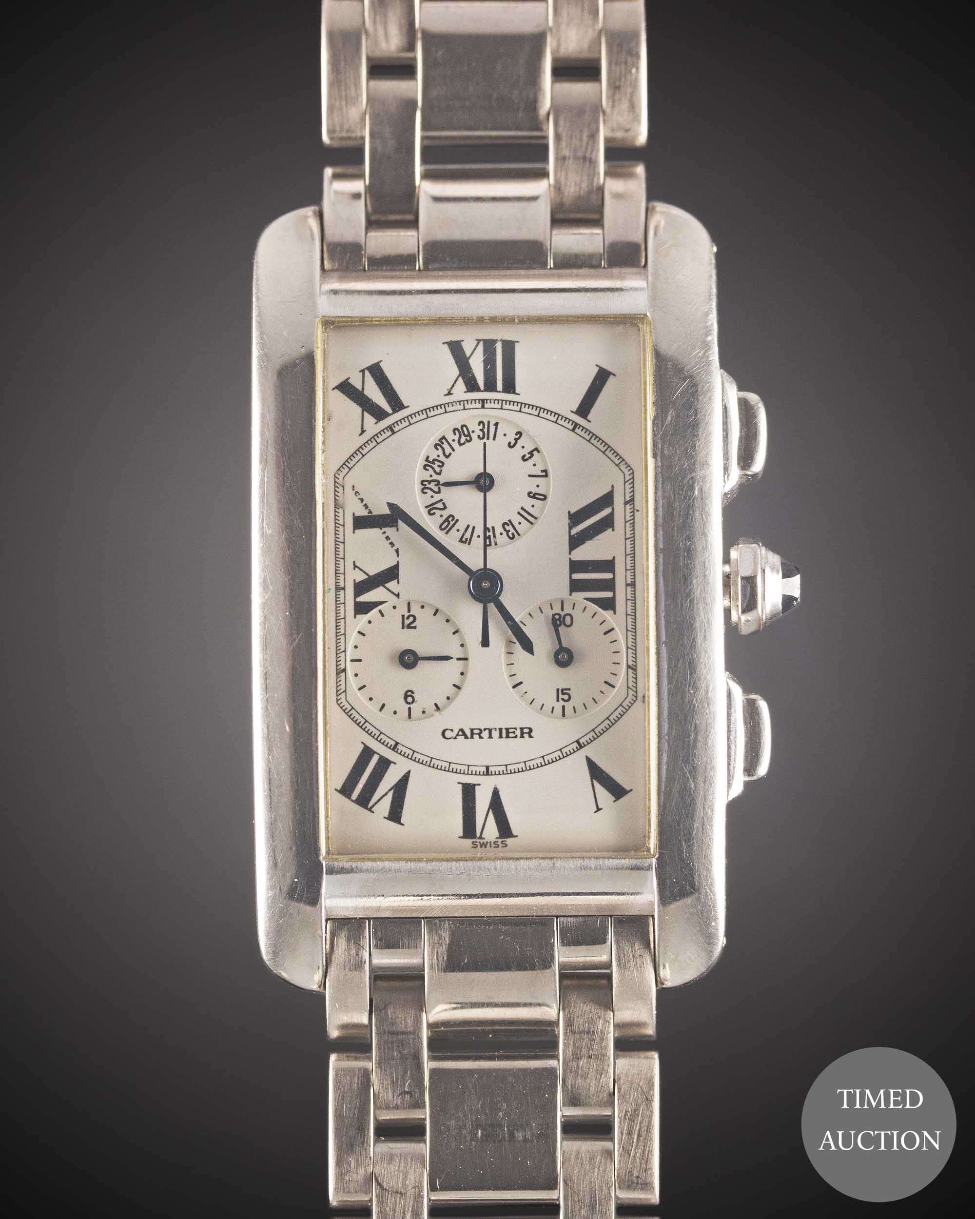 A GENTLEMAN'S 18K SOLID WHITE GOLD CARTIER TANK AMERICAINE CHRONOGRAPH BRACELET WATCH CIRCA 2000,