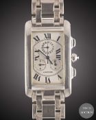 A GENTLEMAN'S 18K SOLID WHITE GOLD CARTIER TANK AMERICAINE CHRONOGRAPH BRACELET WATCH CIRCA 2000,