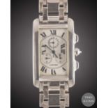 A GENTLEMAN'S 18K SOLID WHITE GOLD CARTIER TANK AMERICAINE CHRONOGRAPH BRACELET WATCH CIRCA 2000,