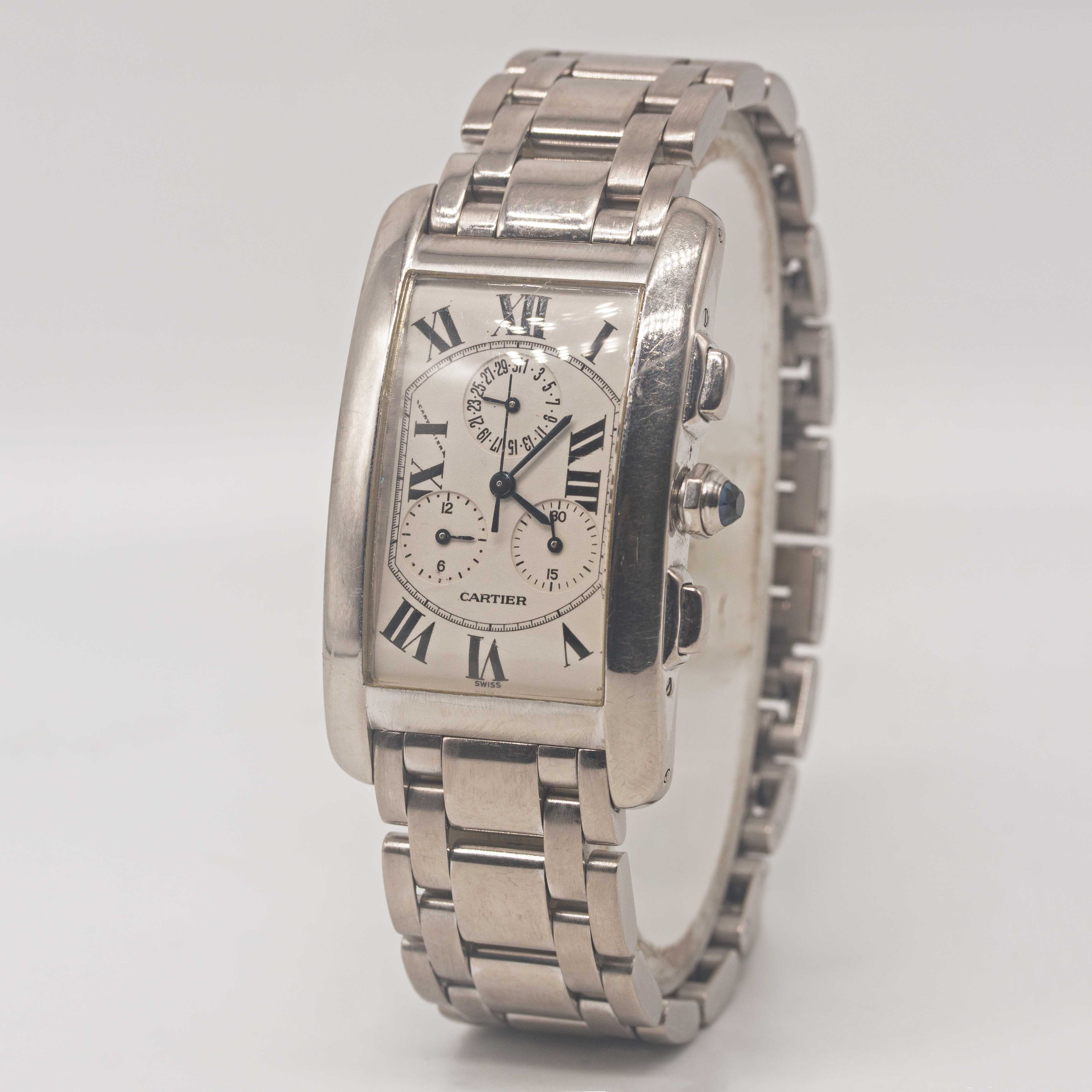 A GENTLEMAN'S 18K SOLID WHITE GOLD CARTIER TANK AMERICAINE CHRONOGRAPH BRACELET WATCH CIRCA 2000, - Image 3 of 7