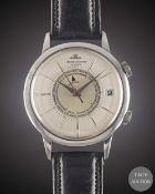 A GENTLEMAN'S STAINLESS STEEL JAEGER LECOULTRE MEMOVOX AUTOMATIC ALARM WRIST WATCH CIRCA 1960,