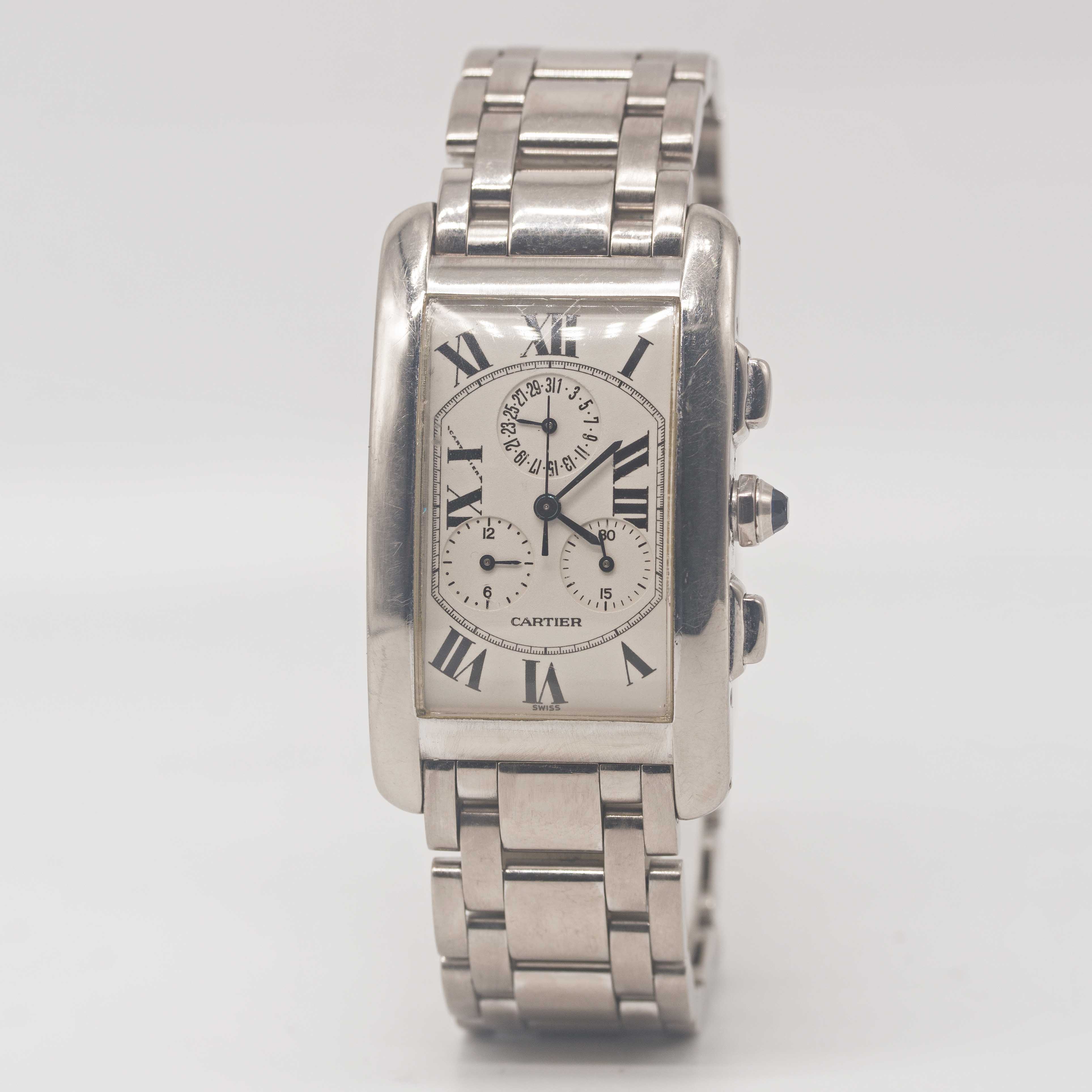 A GENTLEMAN'S 18K SOLID WHITE GOLD CARTIER TANK AMERICAINE CHRONOGRAPH BRACELET WATCH CIRCA 2000, - Image 2 of 7